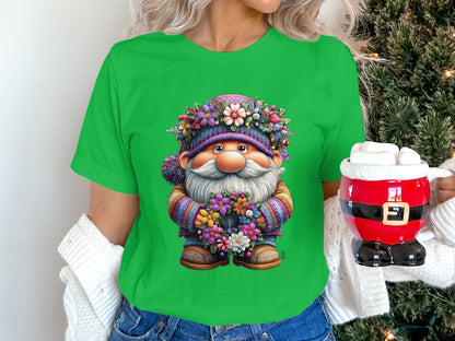 Cheerful Holiday Gnome Holding Flowers Shirt
