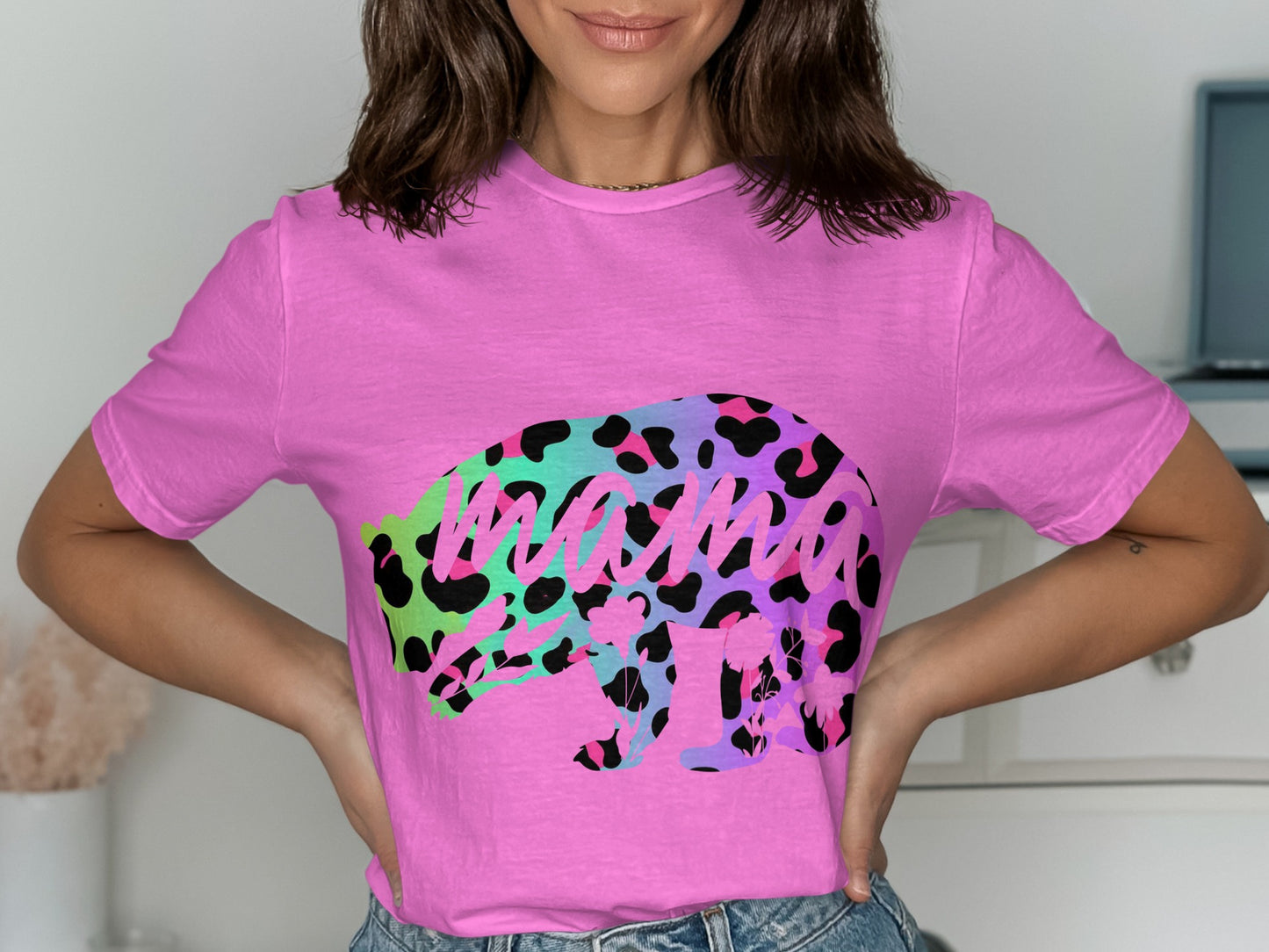 Colorful Leopard Print Mama Bear Graphic Tee