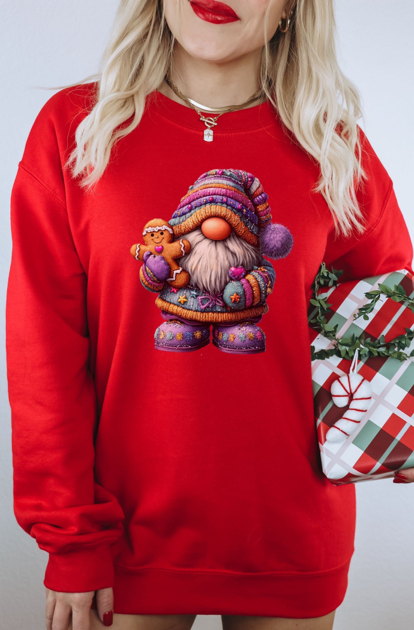 Festive Santa Gnome Holding Gingerbread Man Sweater