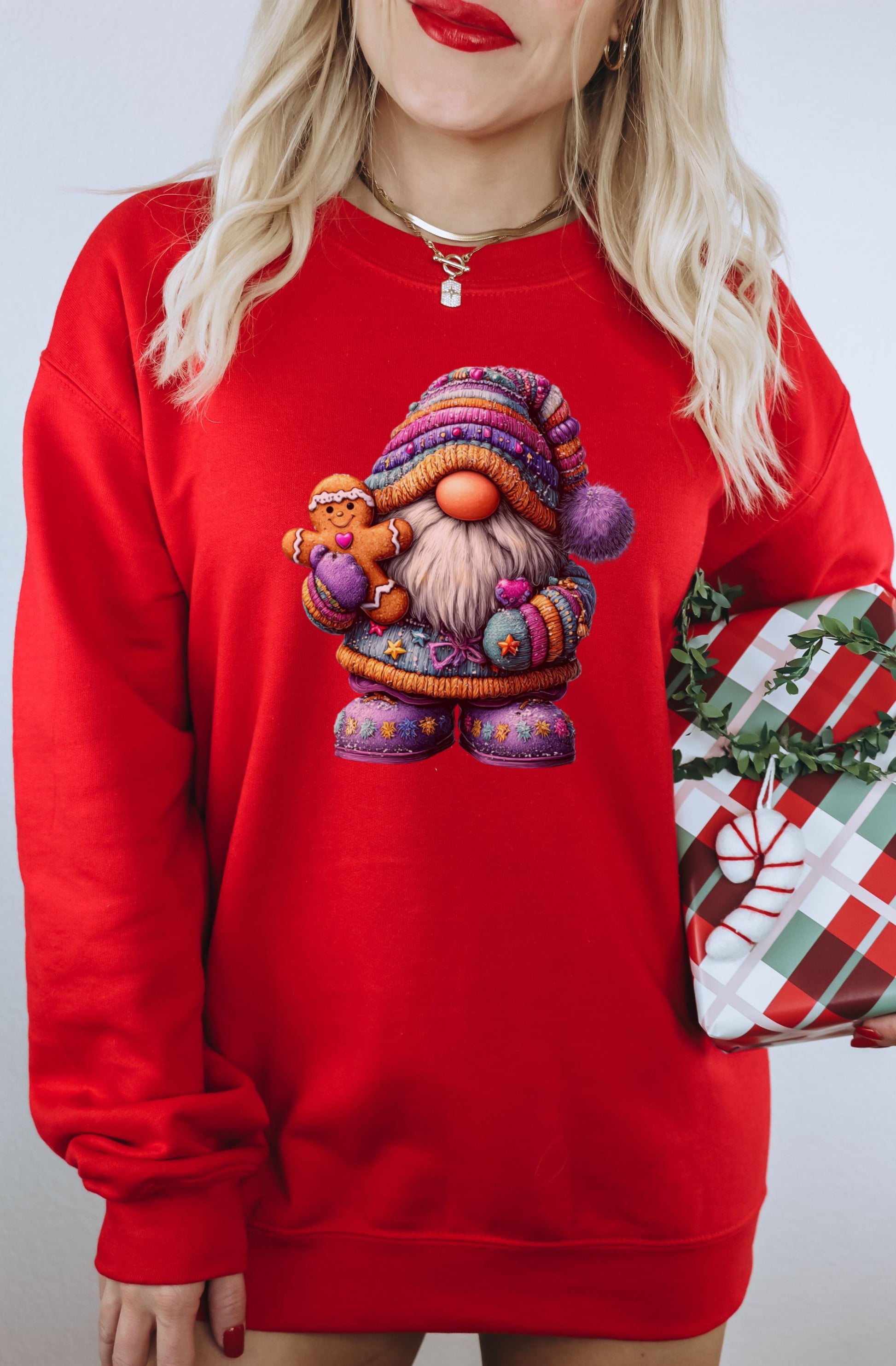 Festive Santa Gnome Holding Gingerbread Man Sweater