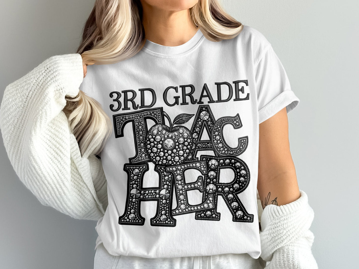 3rd Grade Teacher Shirt With Bling Apple Design