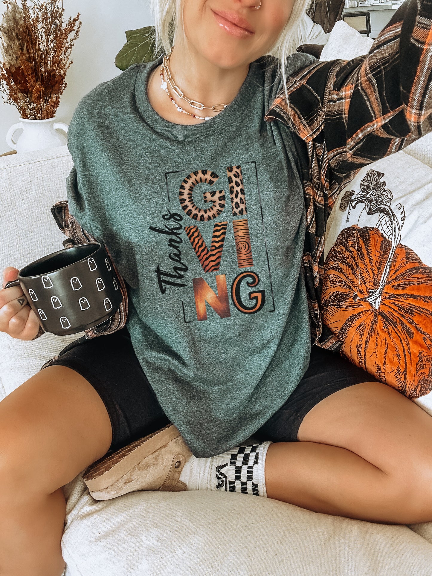 Thanksgiving Letter Pattern Green T-Shirt