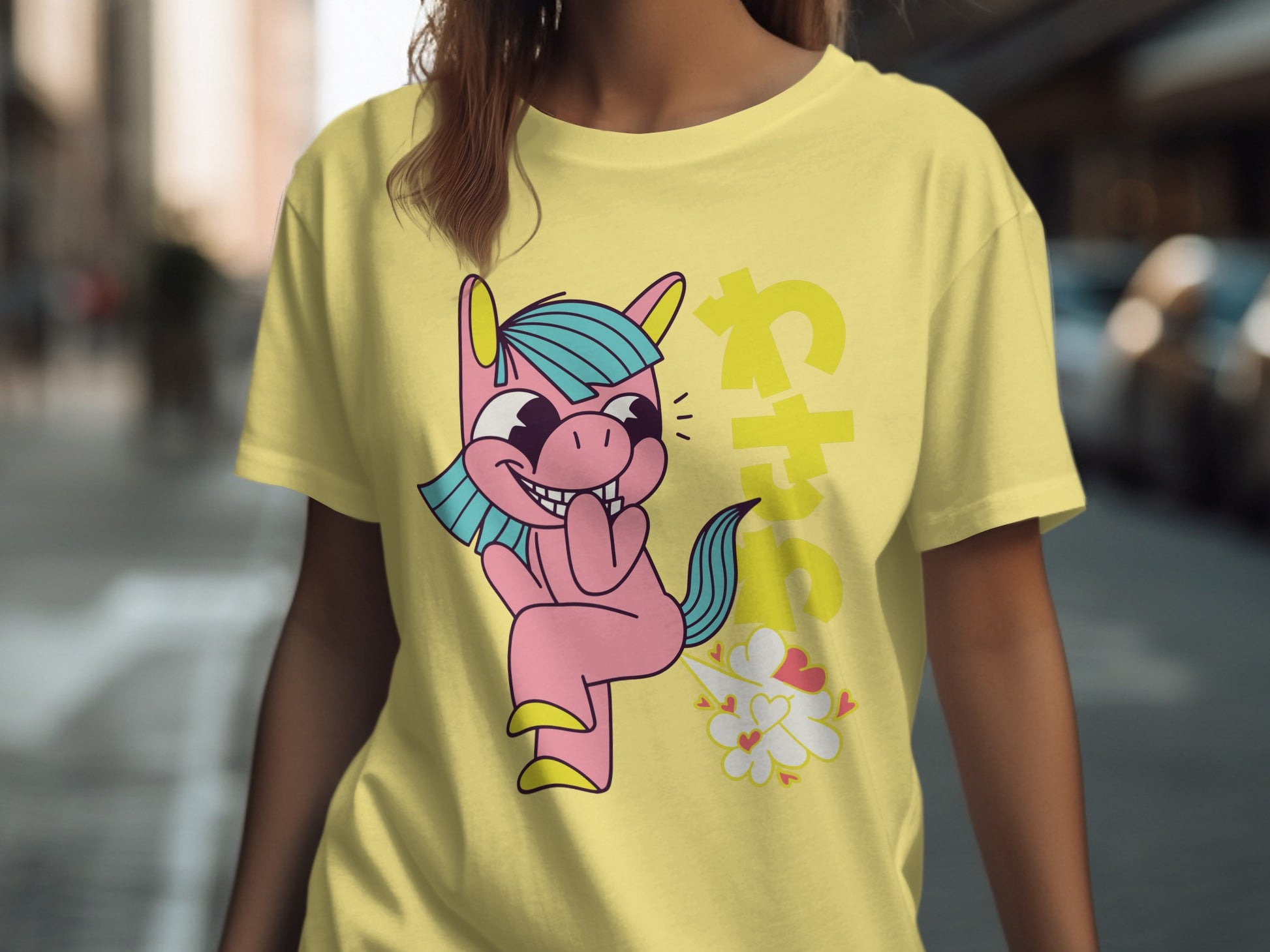 Cute Smiling Unicorn Graphic Yellow T-shirt