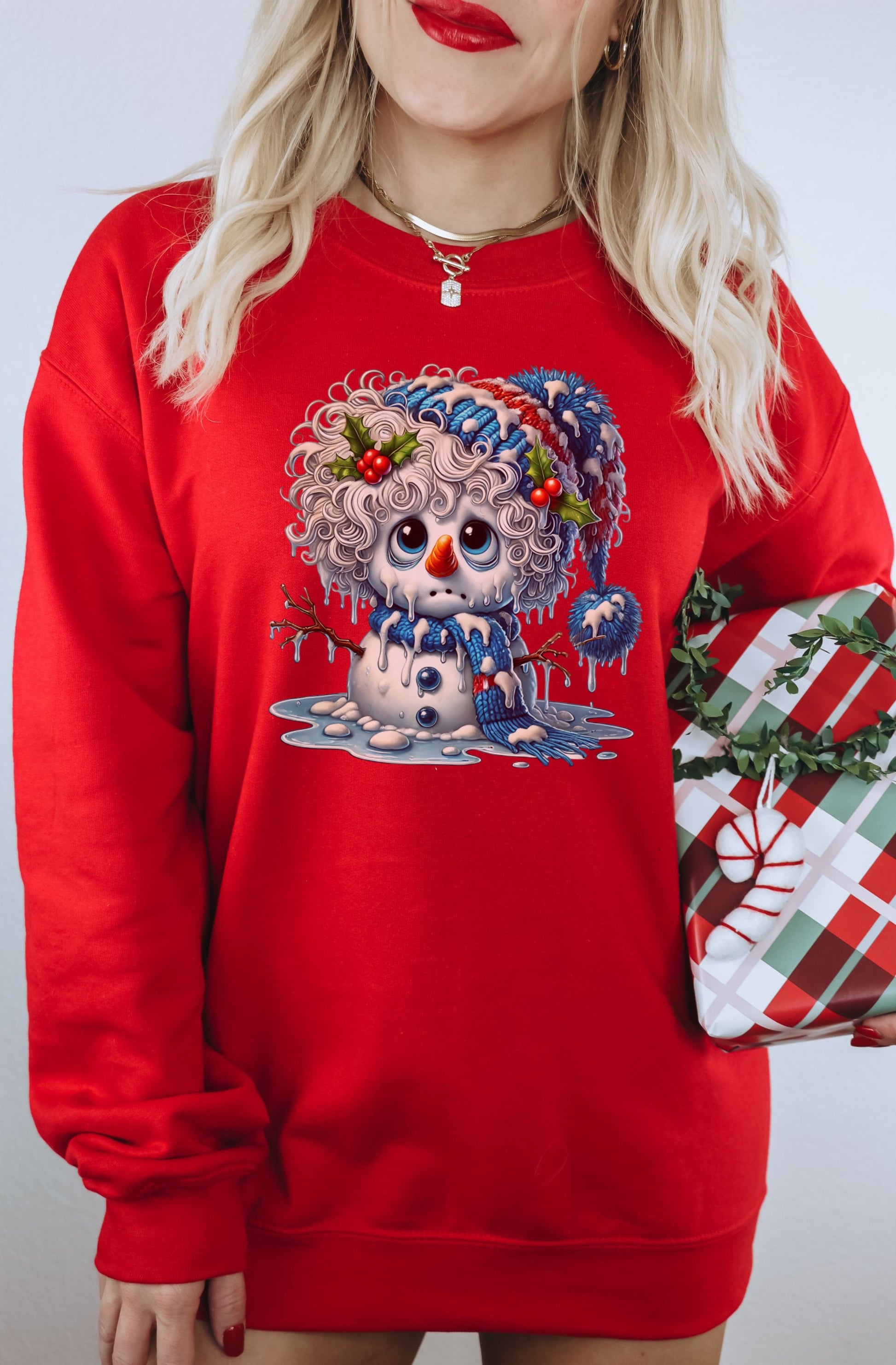 Cute Christmas Snowman Design on Red Long Sleeve Shirt