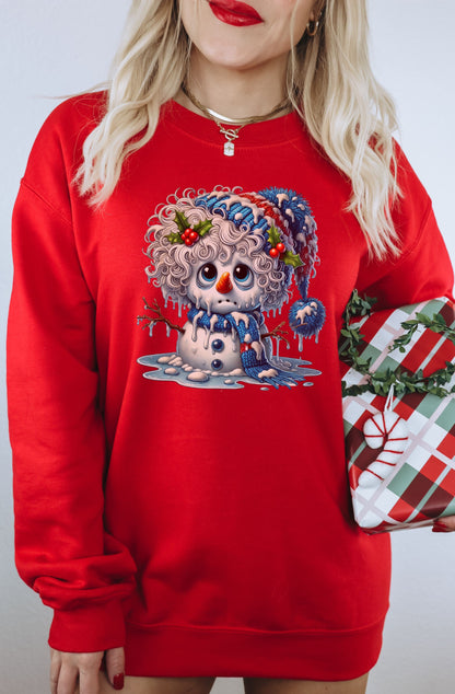 Cute Christmas Snowman Design on Red Long Sleeve Shirt