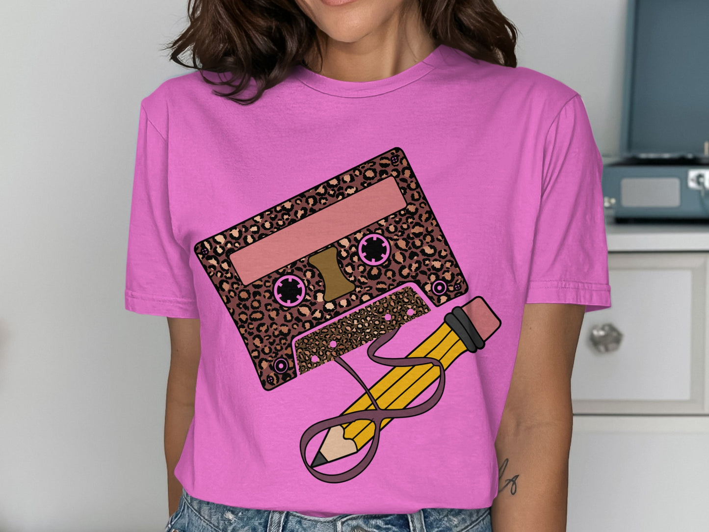 Retro Leopard Print Cassette and Pencil Graphic Shirt