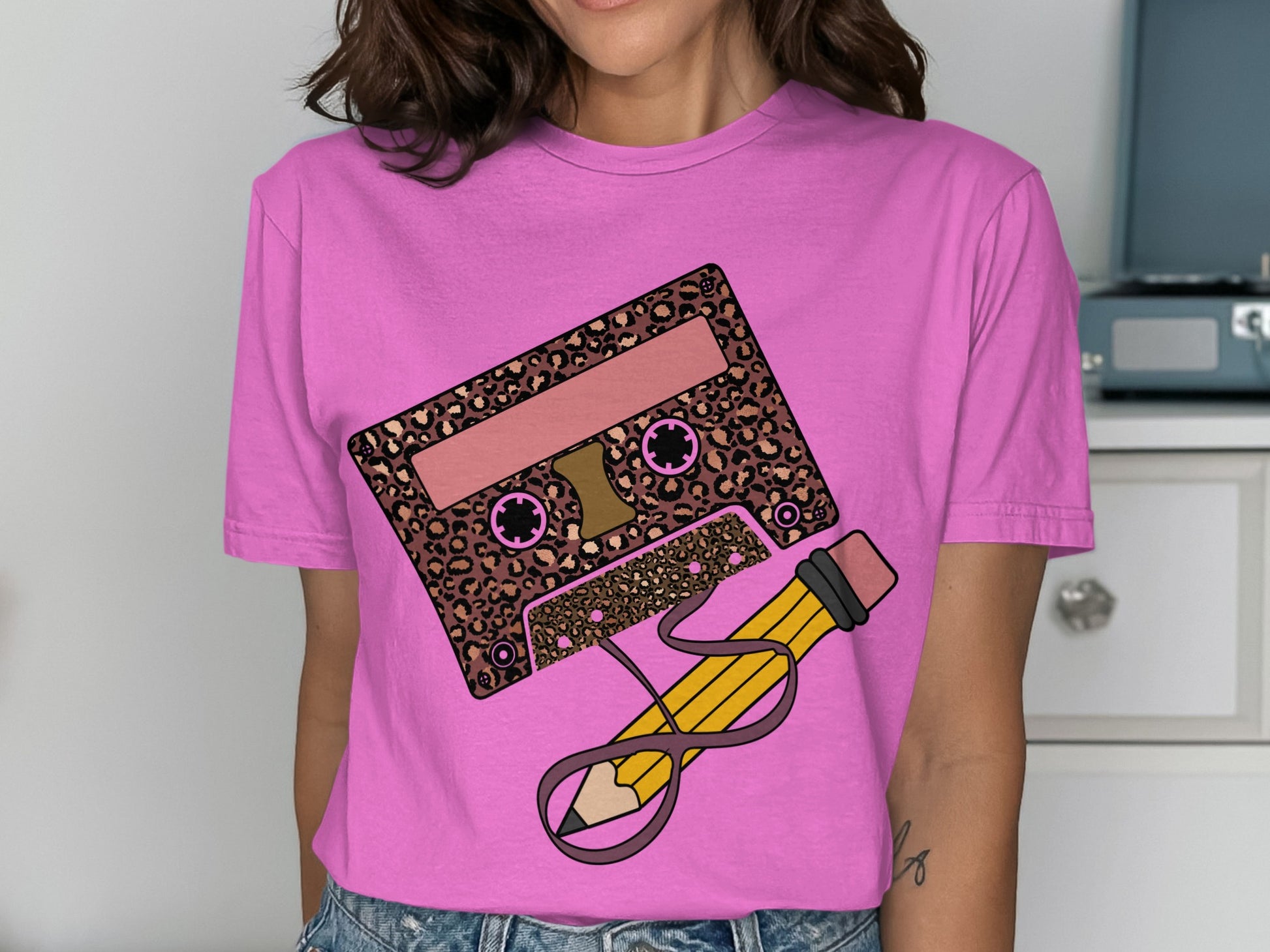 Retro Leopard Print Cassette and Pencil Graphic Shirt