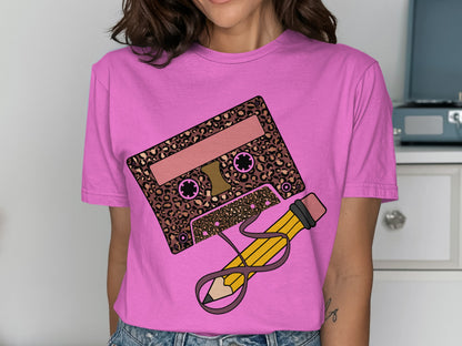 Retro Leopard Print Cassette and Pencil Graphic Shirt