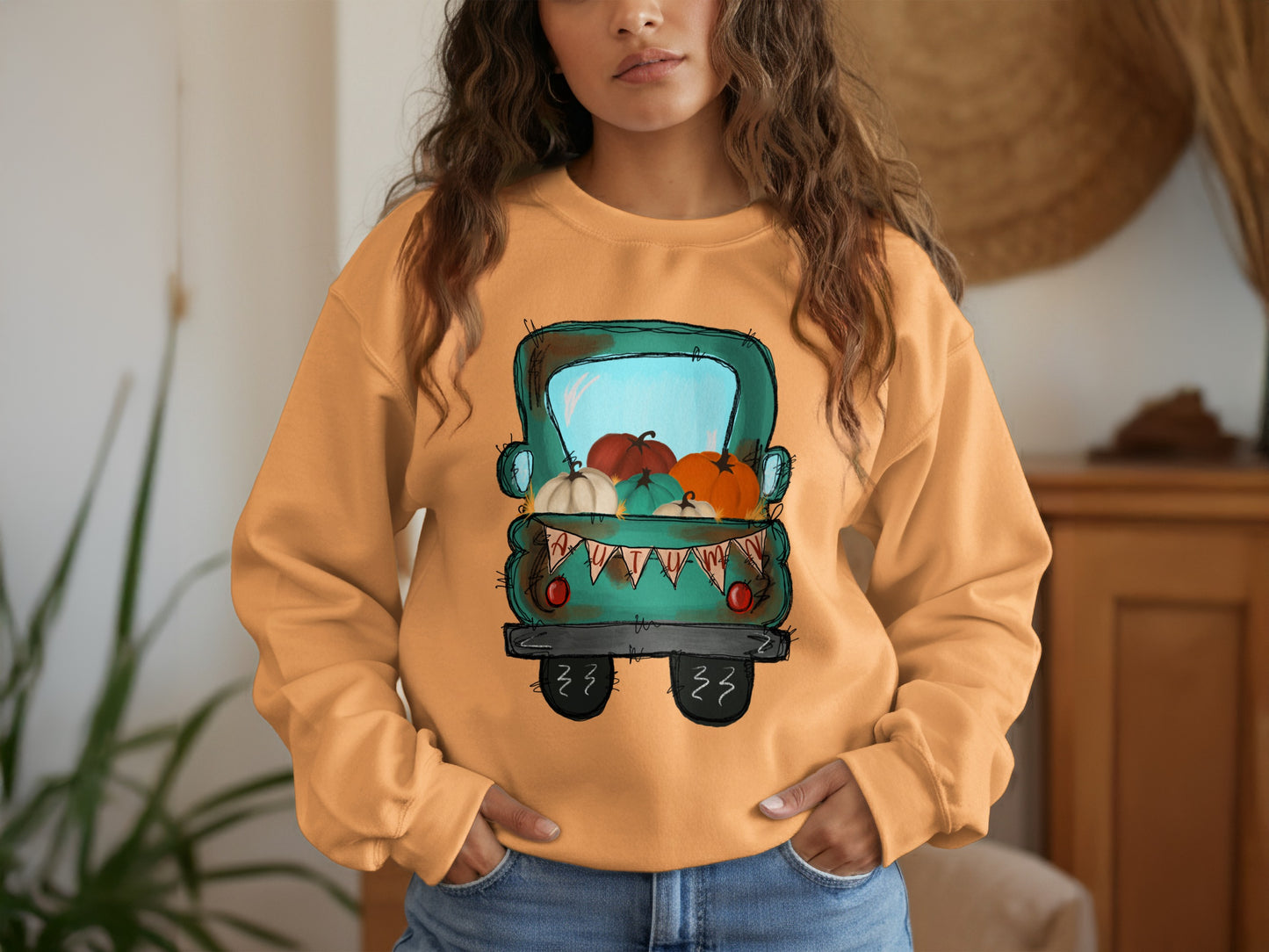 Cozy Autumn Pumpkin Truck Print Sweatshirt