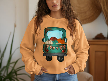 Cozy Autumn Pumpkin Truck Print Sweatshirt