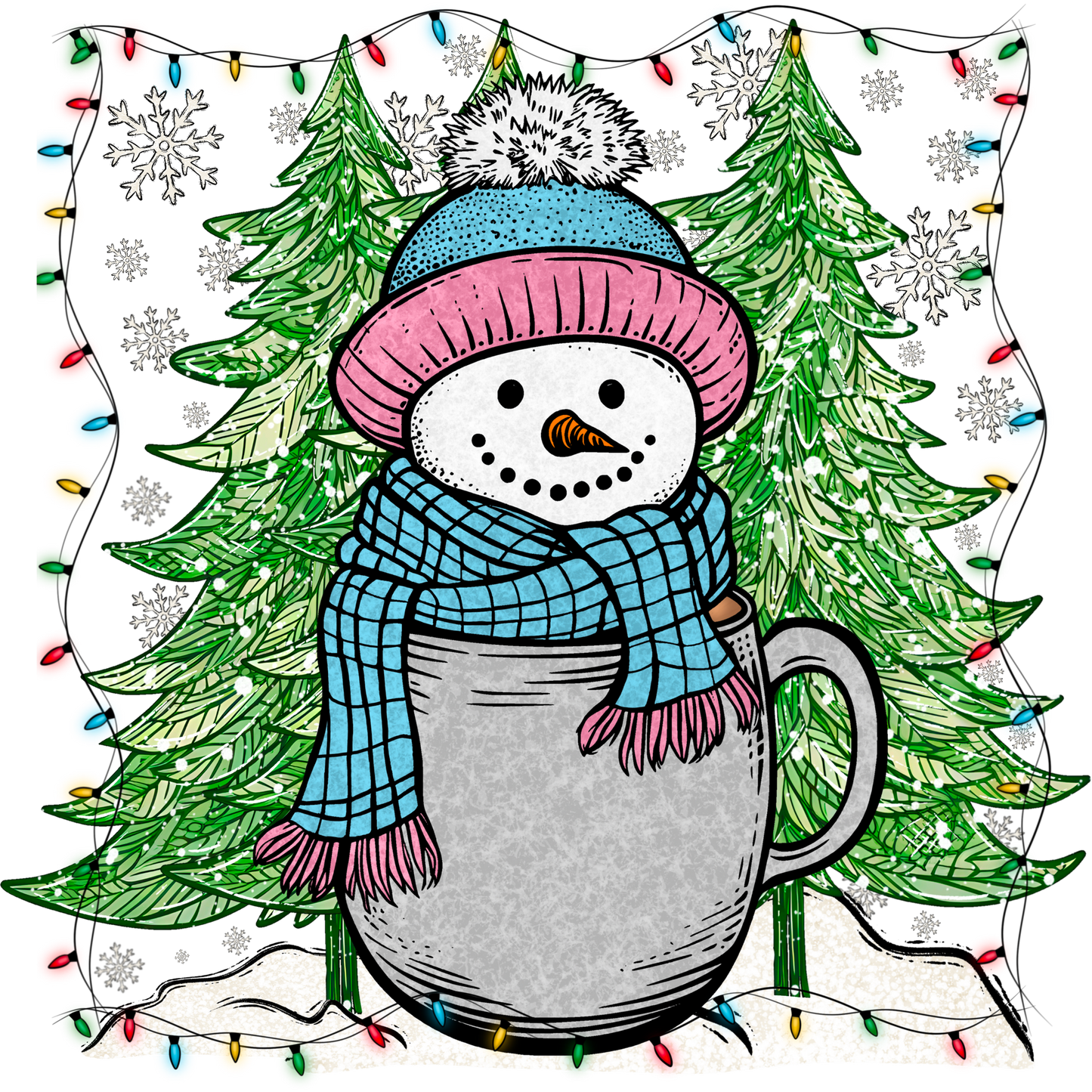 Snowman in a Mug with Christmas Lights and Trees