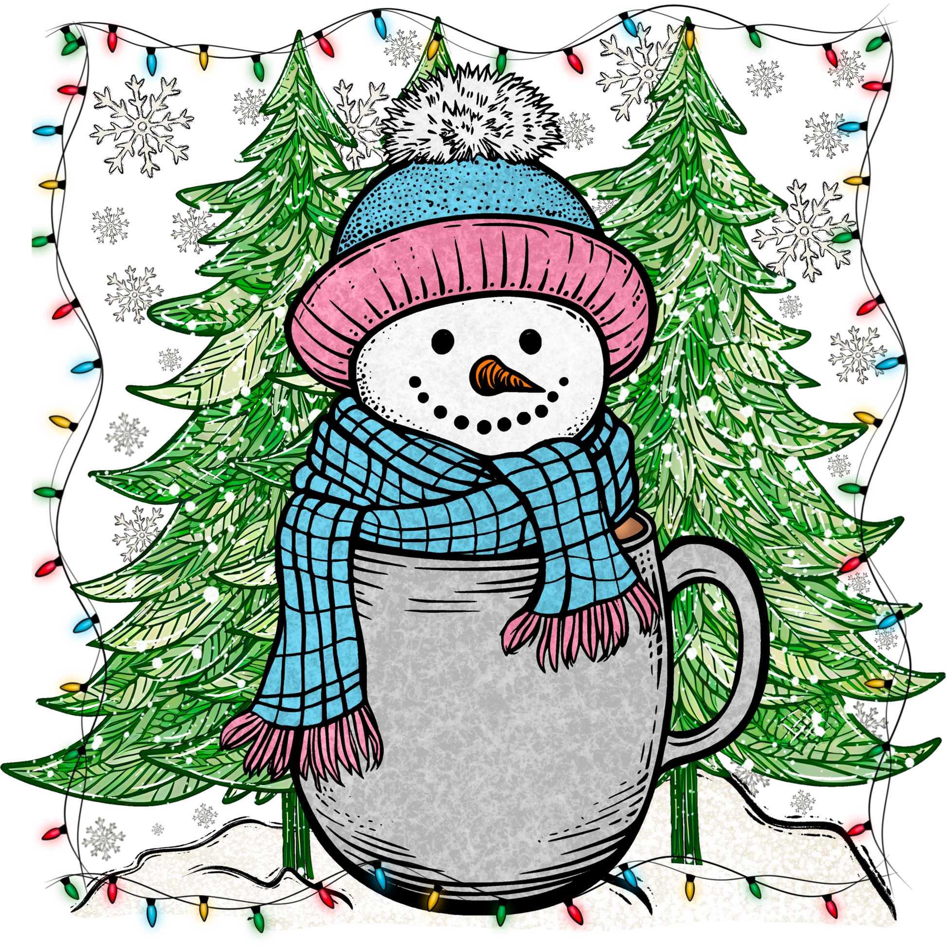 Snowman in a Mug with Christmas Lights and Trees