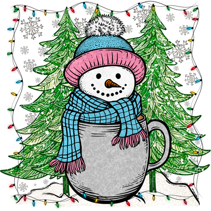 Snowman in a Mug with Christmas Lights and Trees