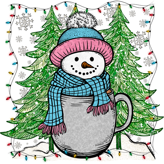 Snowman in a Mug with Christmas Lights and Trees