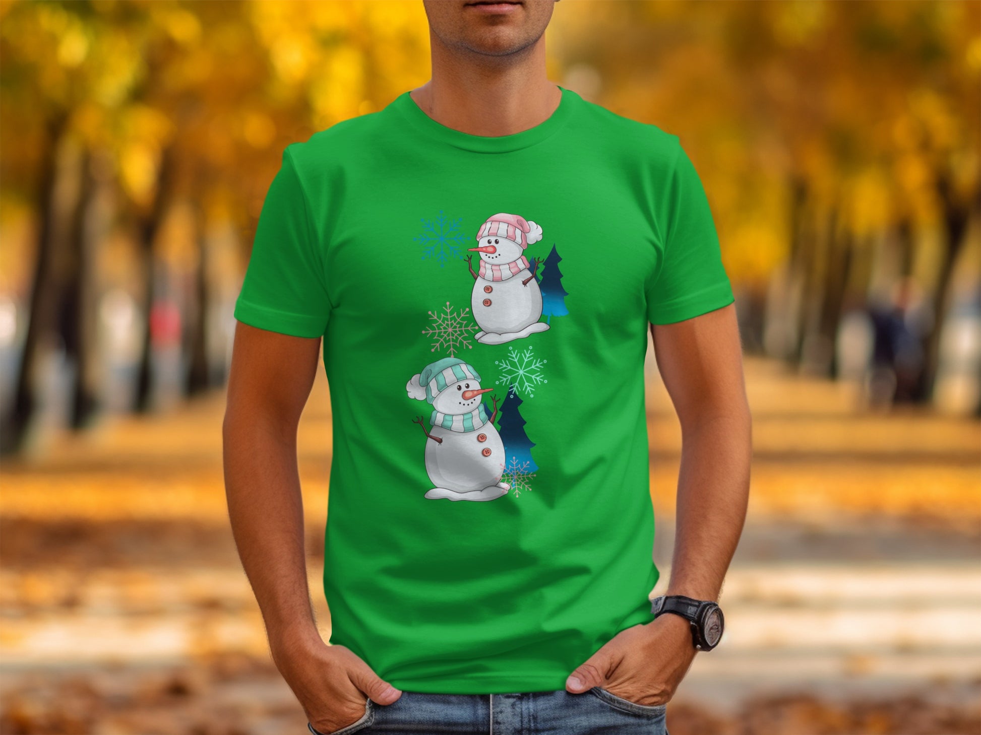 Festive Snowman Graphic Green T-shirt Perfect for Holidays