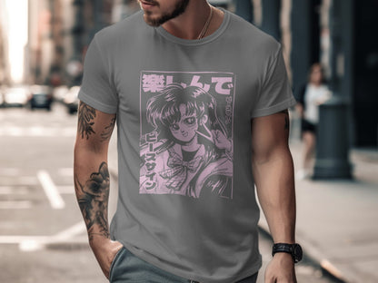 Cool Gray Graphic Tee with Anime Design