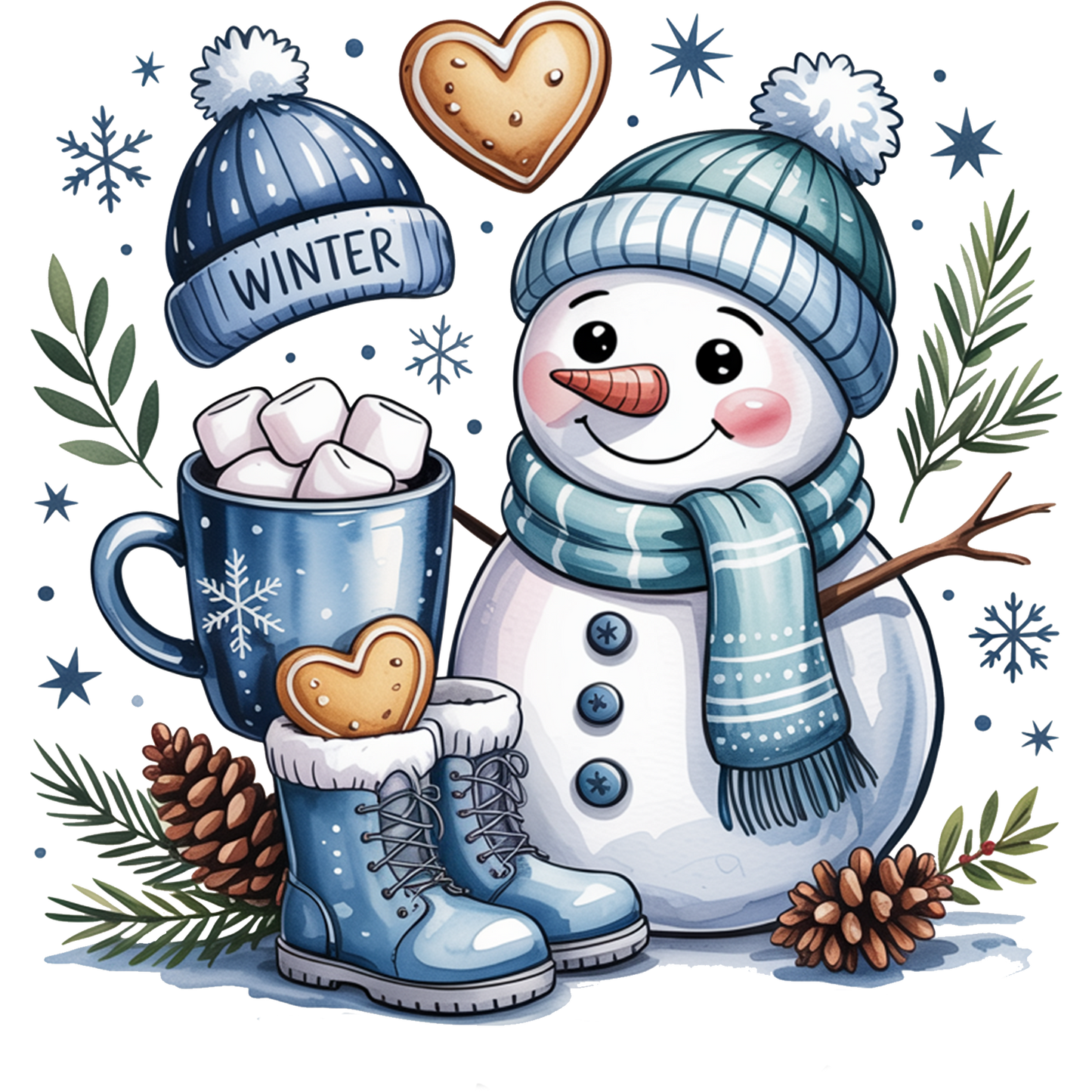 Winter Snowman Hot Cocoa Beanie Boots Art Print