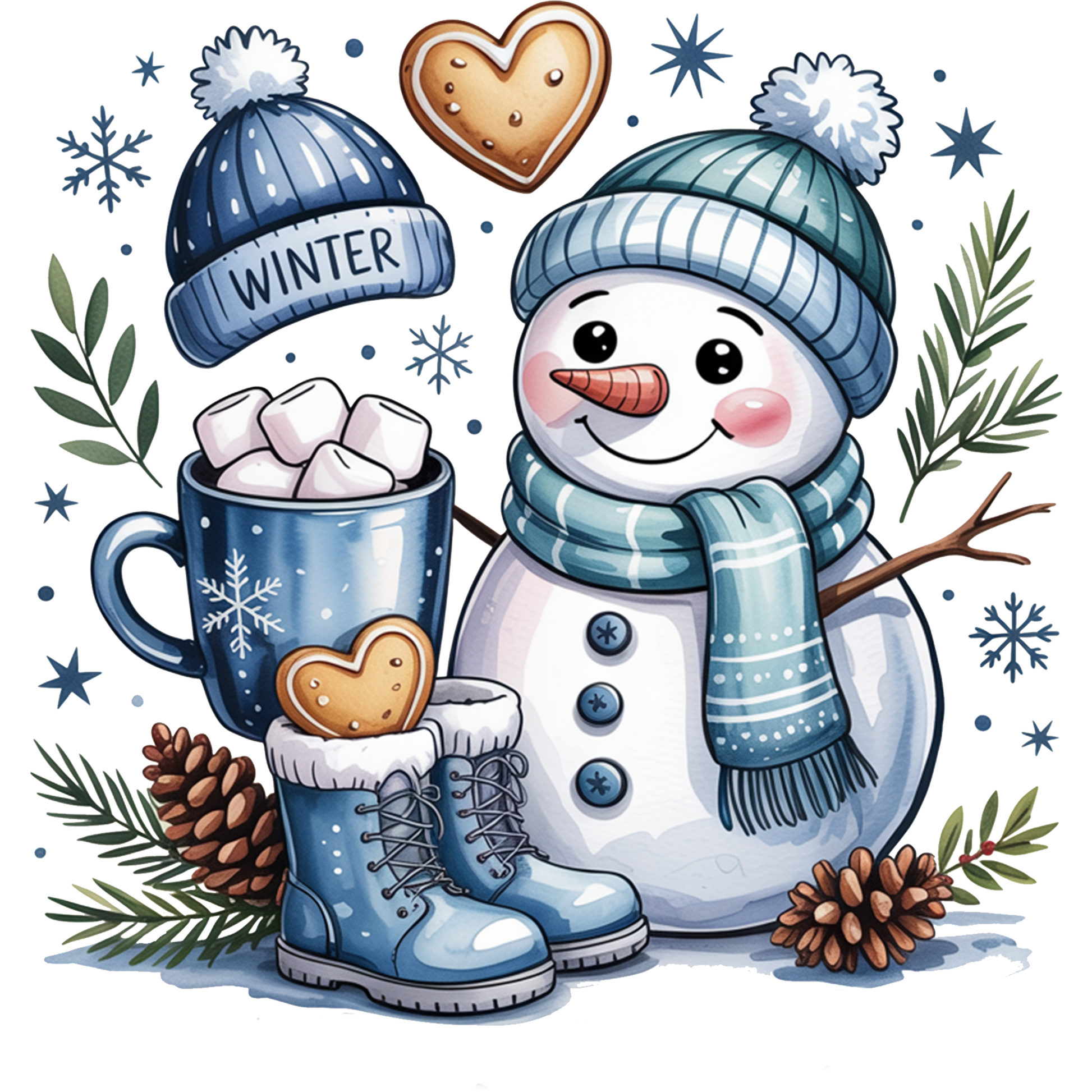 Winter Snowman Hot Cocoa Beanie Boots Art Print