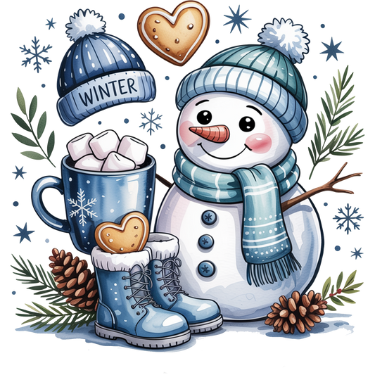 Winter Snowman Hot Cocoa Beanie Boots Art Print