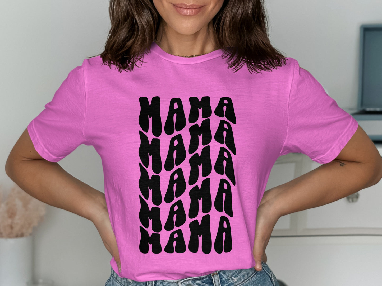 Mama Repeated Text Design on Pink Shirt