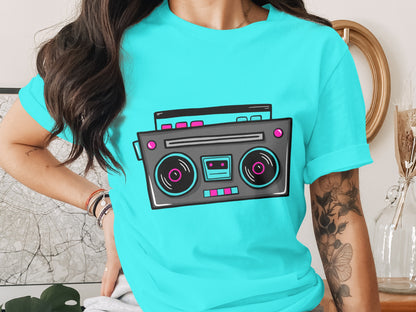 Vintage Boombox Graphic Tee Retro Music Style Shirt