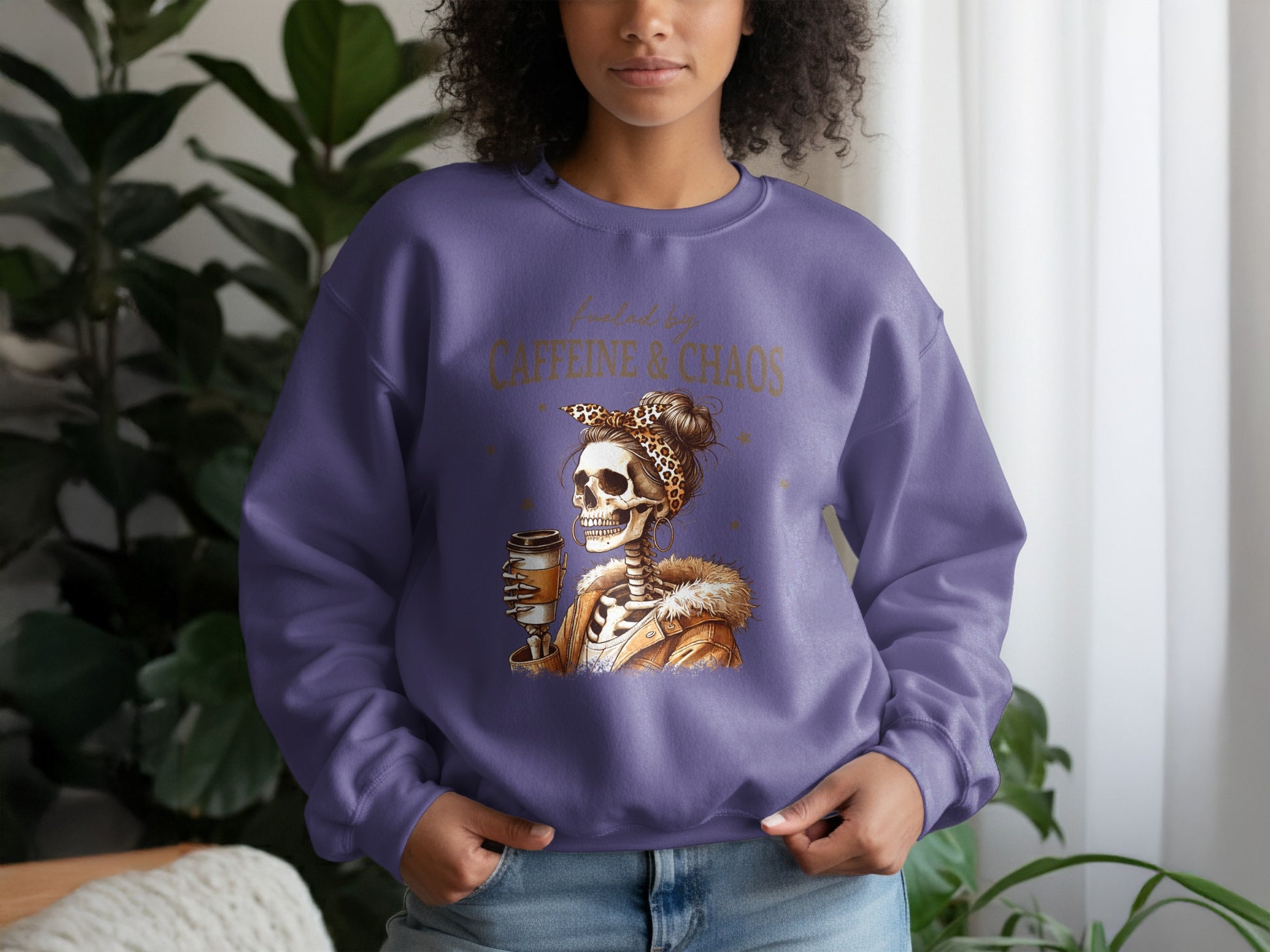 Fueled by Caffeine & Chaos Skeleton Wearing Crown