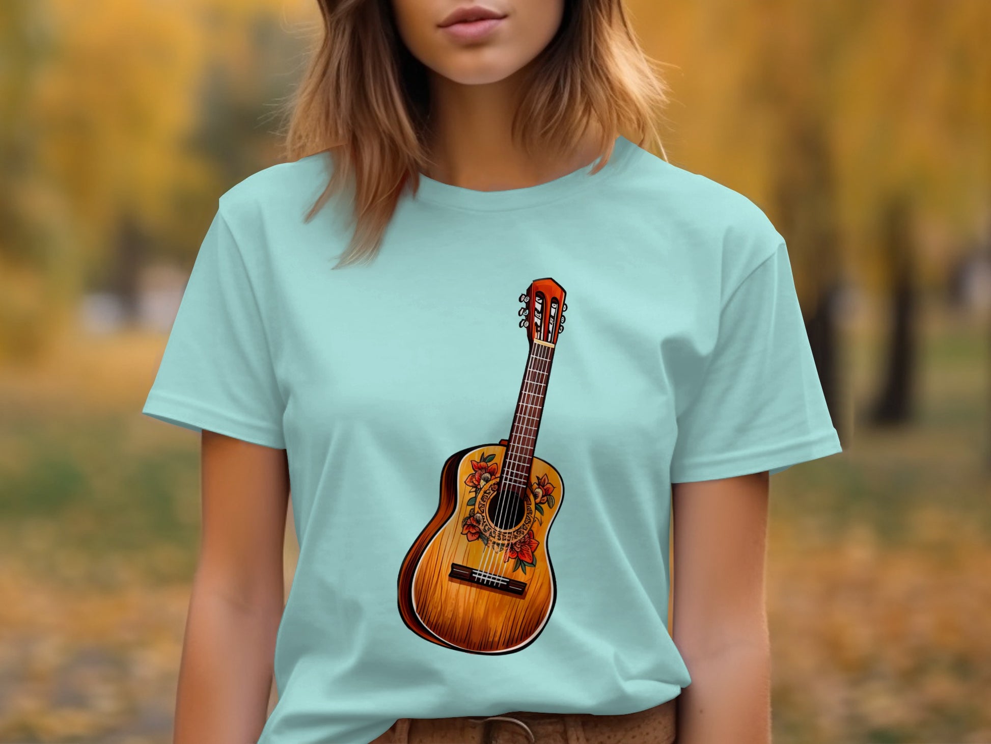 Guitar Graphic Teal Shirt with Intricate Design