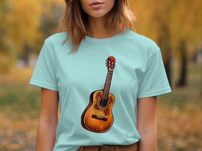 Guitar Graphic Teal Shirt with Intricate Design
