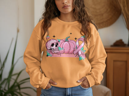 Pink Ribbon Skeleton with Pumpkins Sweatshirt