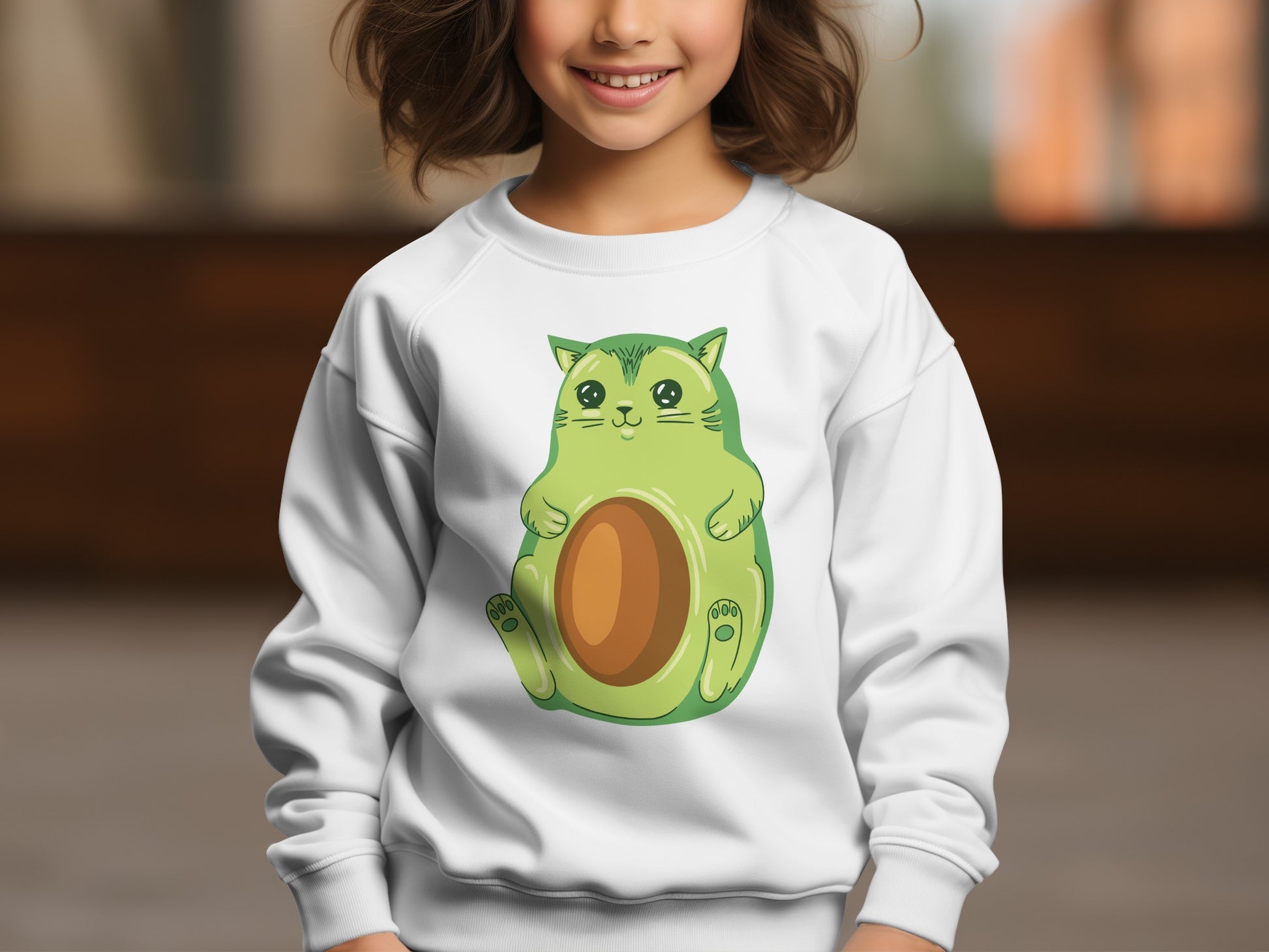 Adorable Green Cat with Avocado Kids Sweatshirt