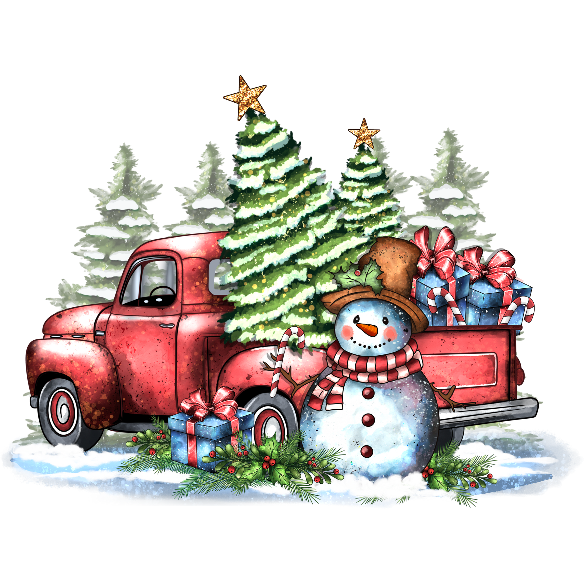 Festive Snowman with Truck and Christmas Trees Artwork