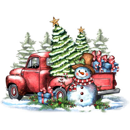 Festive Snowman with Truck and Christmas Trees Artwork