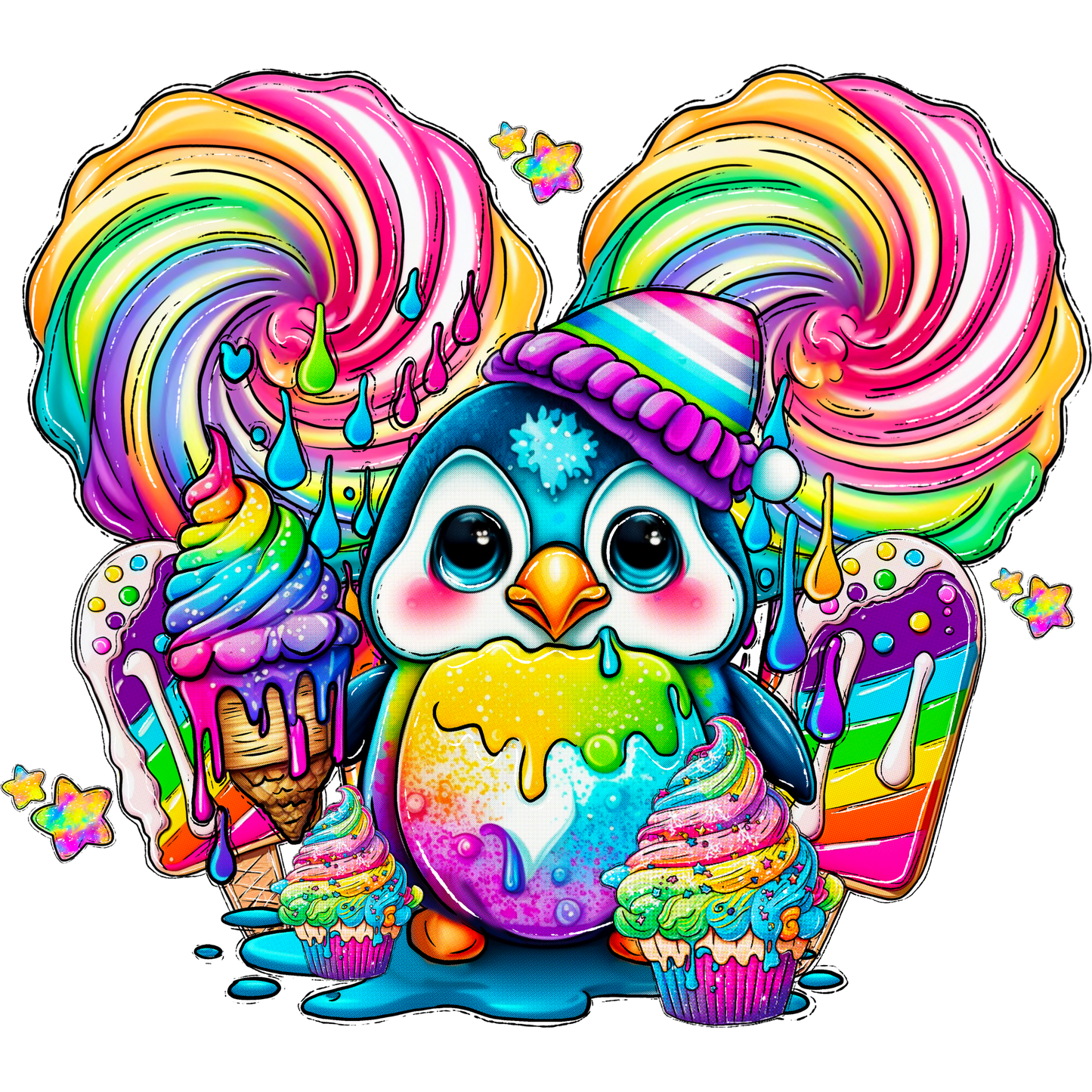 Colorful Cartoon Penguin with Sweets Illustration