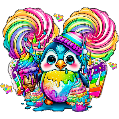 Colorful Cartoon Penguin with Sweets Illustration