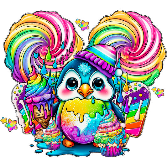 Colorful Cartoon Penguin with Sweets Illustration