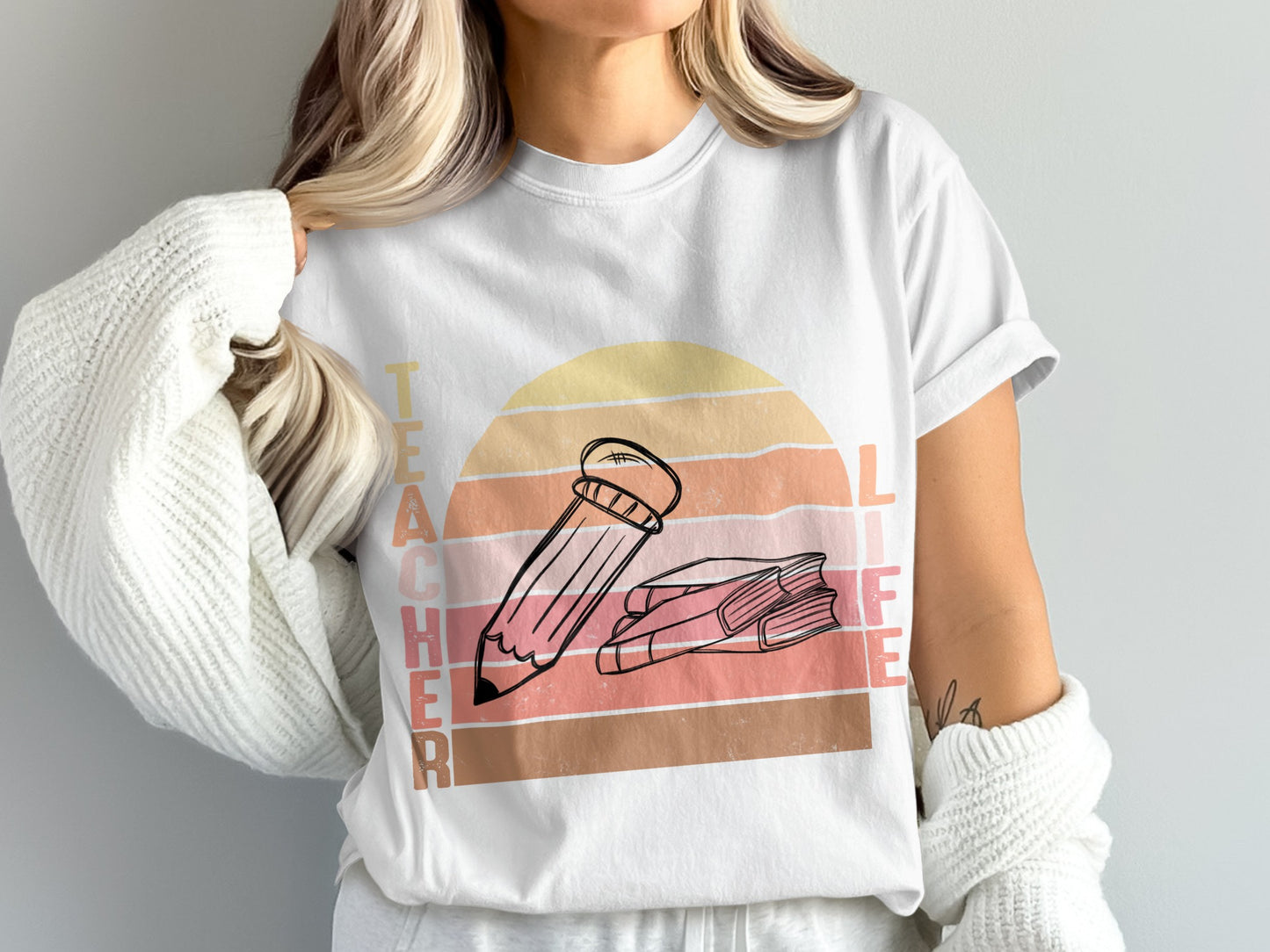 Teacher Life Pencil and Books Graphic T-shirt