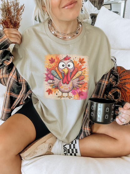 Cute Autumn Turkey Graphic Tee for Fall Season
