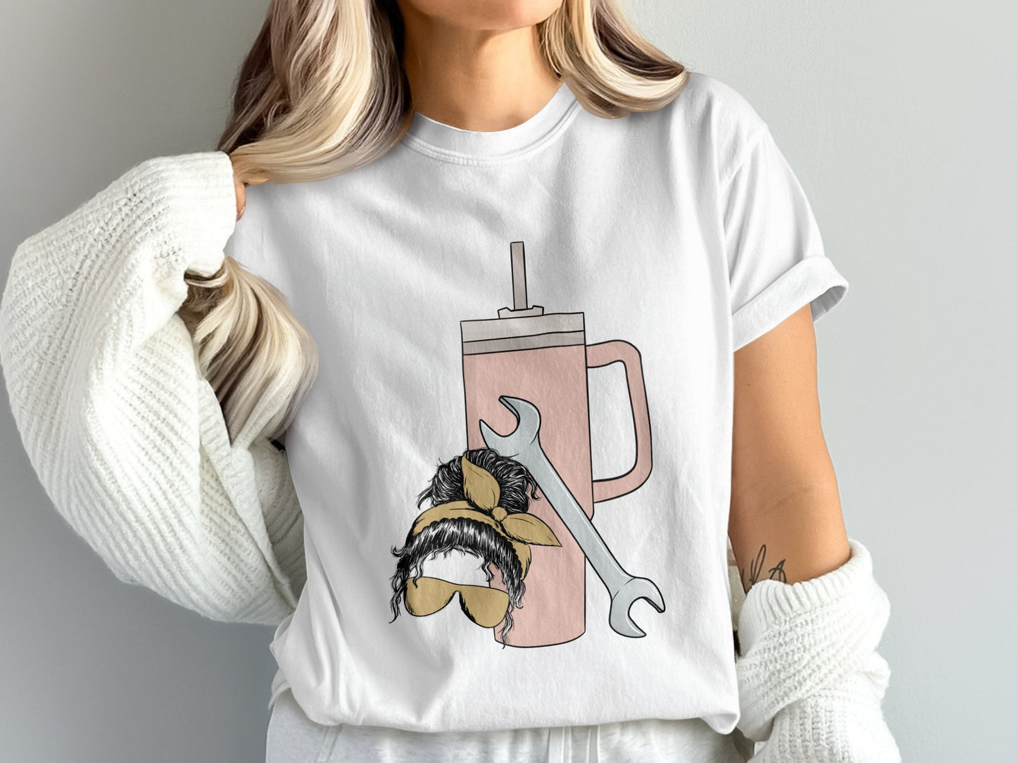 Stylish T-Shirt with Trendy Hair Bun and Coffee Mug Design