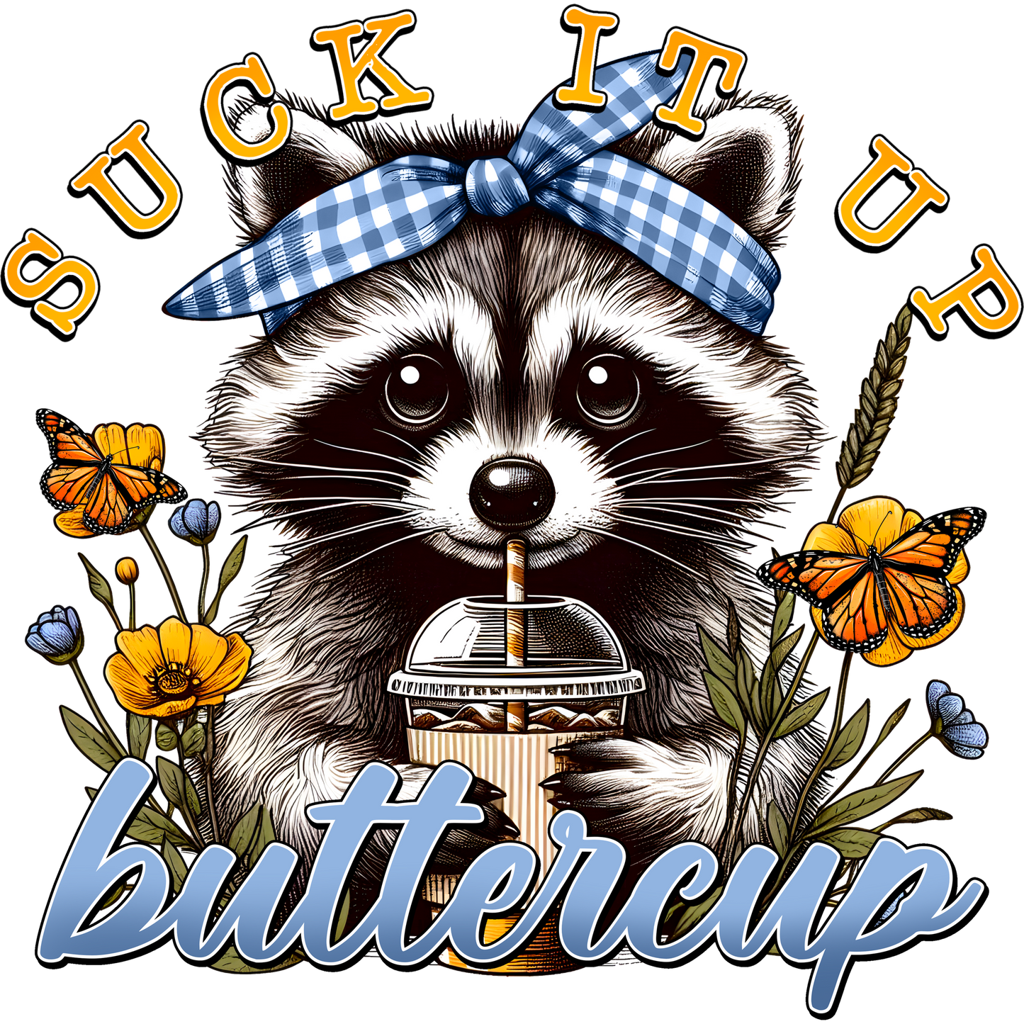 Suck It Up Buttercup Raccoon with Flowers Design