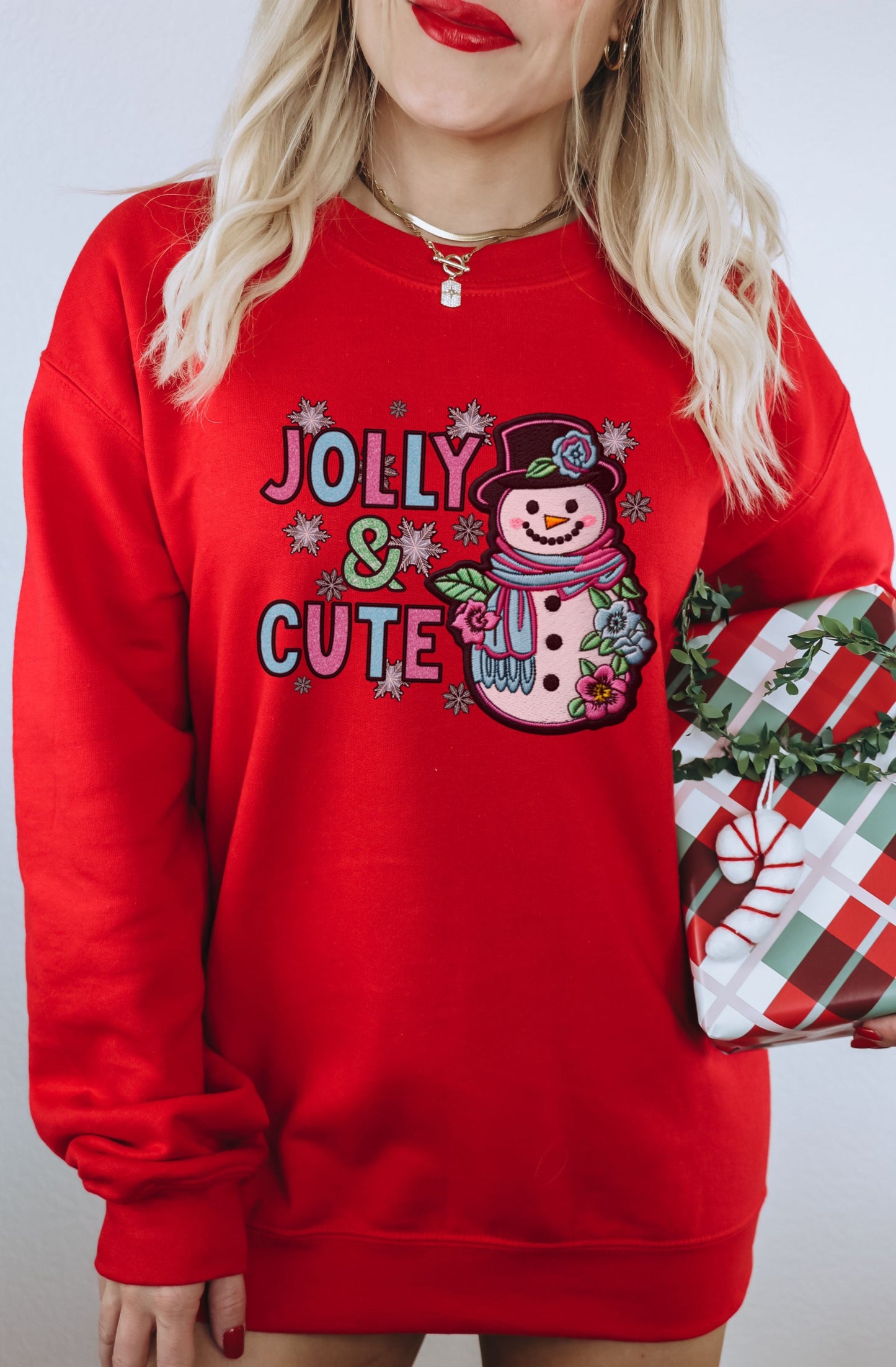 Jolly and Cute Snowman Red Sweatshirt Christmas Apparel