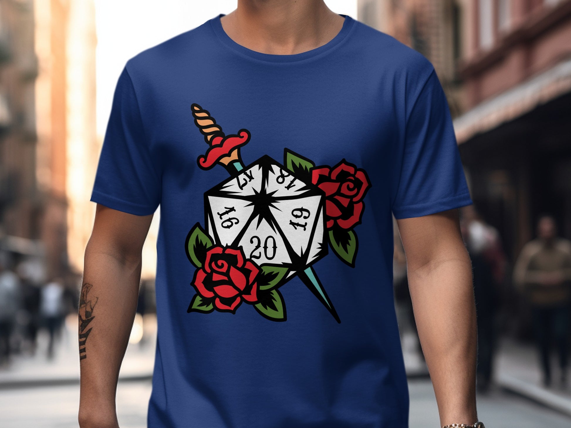 D20 Dice Sword and Roses Graphic T-Shirt Product