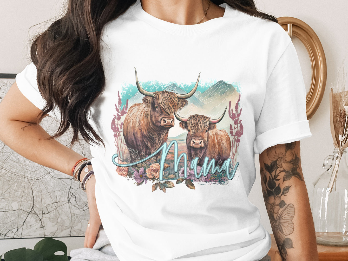 Highland Cattle and Mama Print Shirt for Women