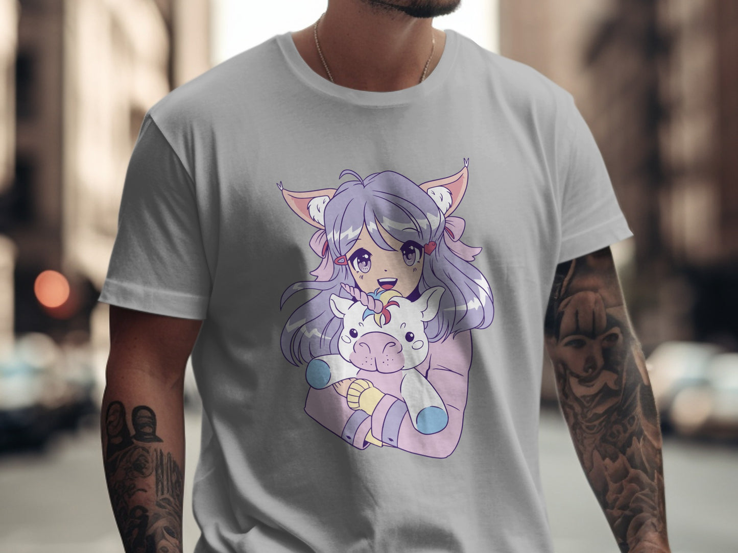 Cute Anime Girl with Unicorn Plushie T-shirt