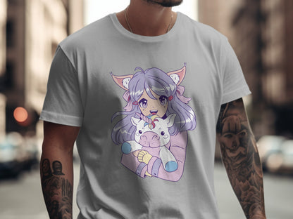 Cute Anime Girl with Unicorn Plushie T-shirt