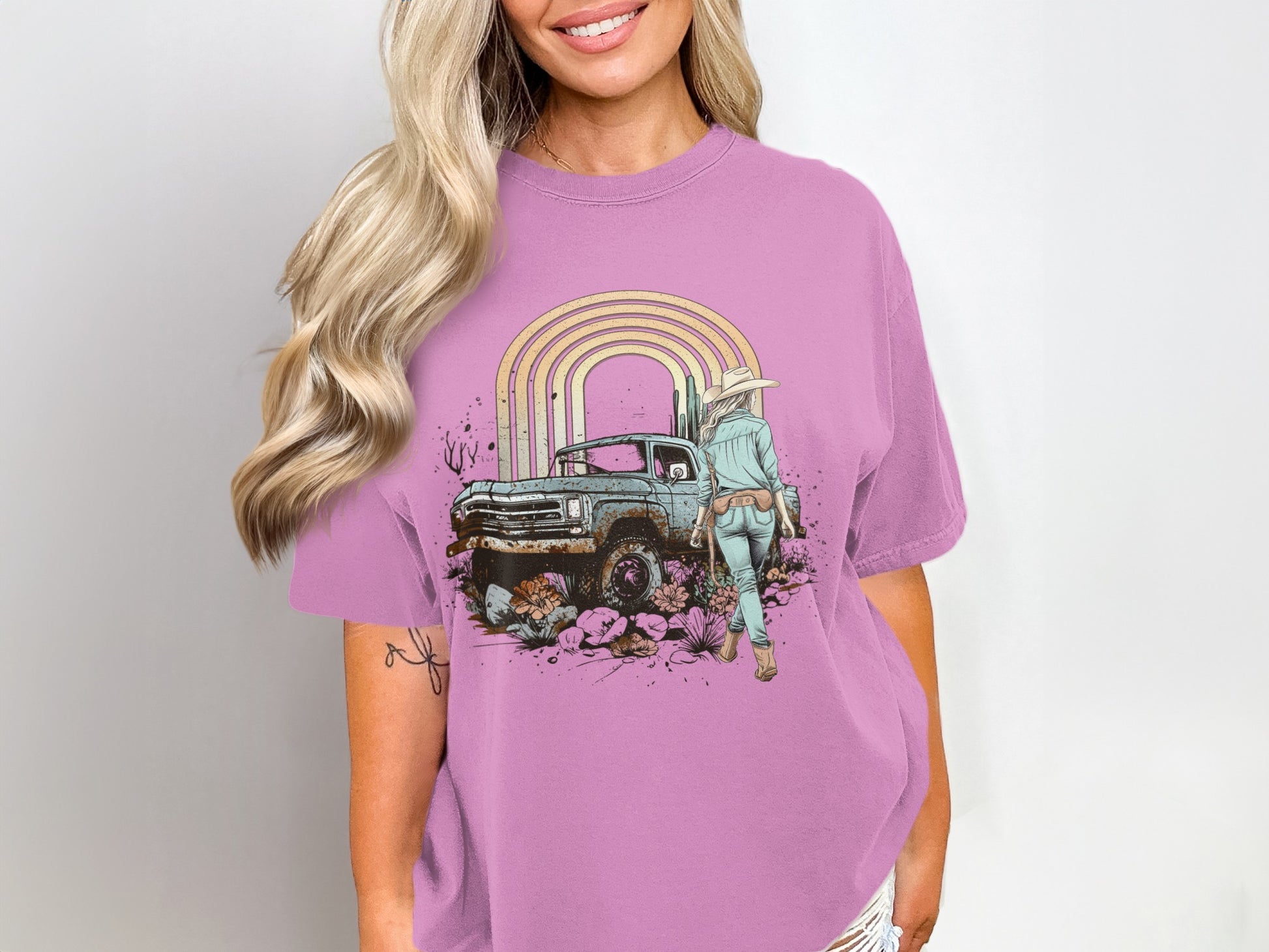 Vintage Rainbow Truck and Cactus Graphic T-Shirt