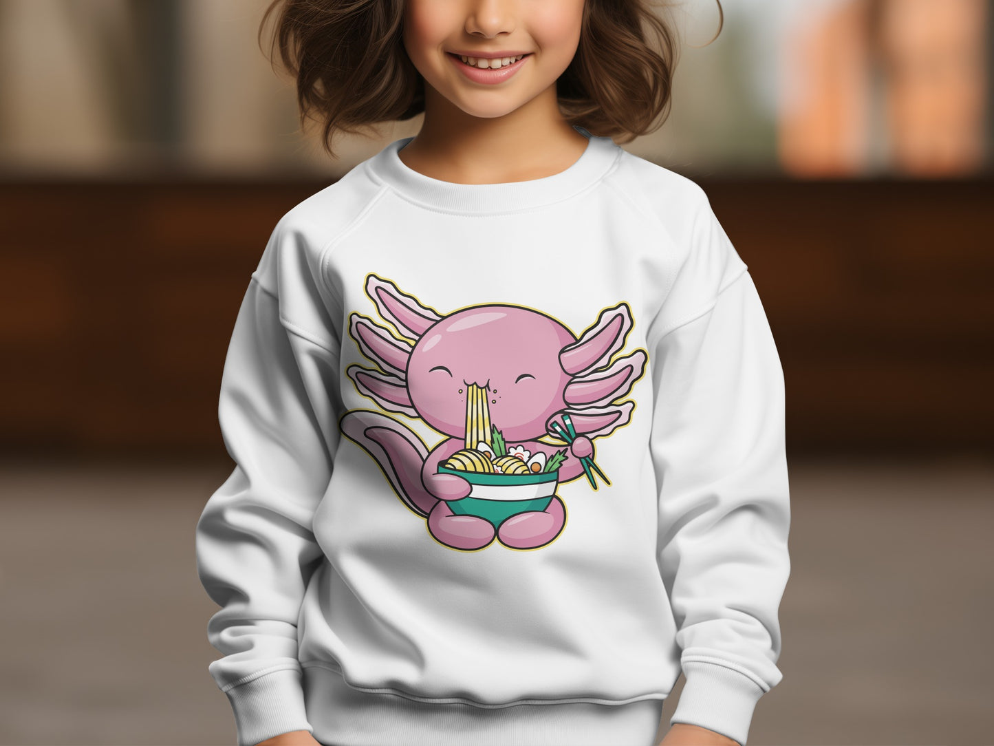 Cute Pink Axolotl Eating Ramen Graphic Sweatshirt