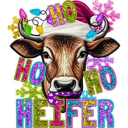 Festive Ho Ho Ho Heifer with Santa Hat Christmas Shirt