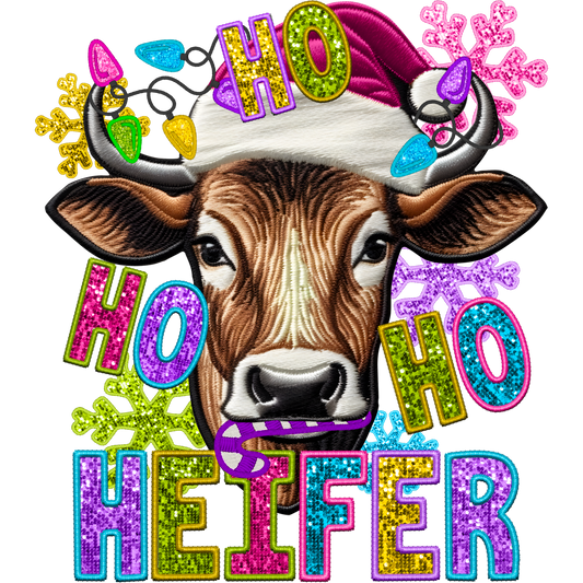 Festive Ho Ho Ho Heifer with Santa Hat Christmas Shirt