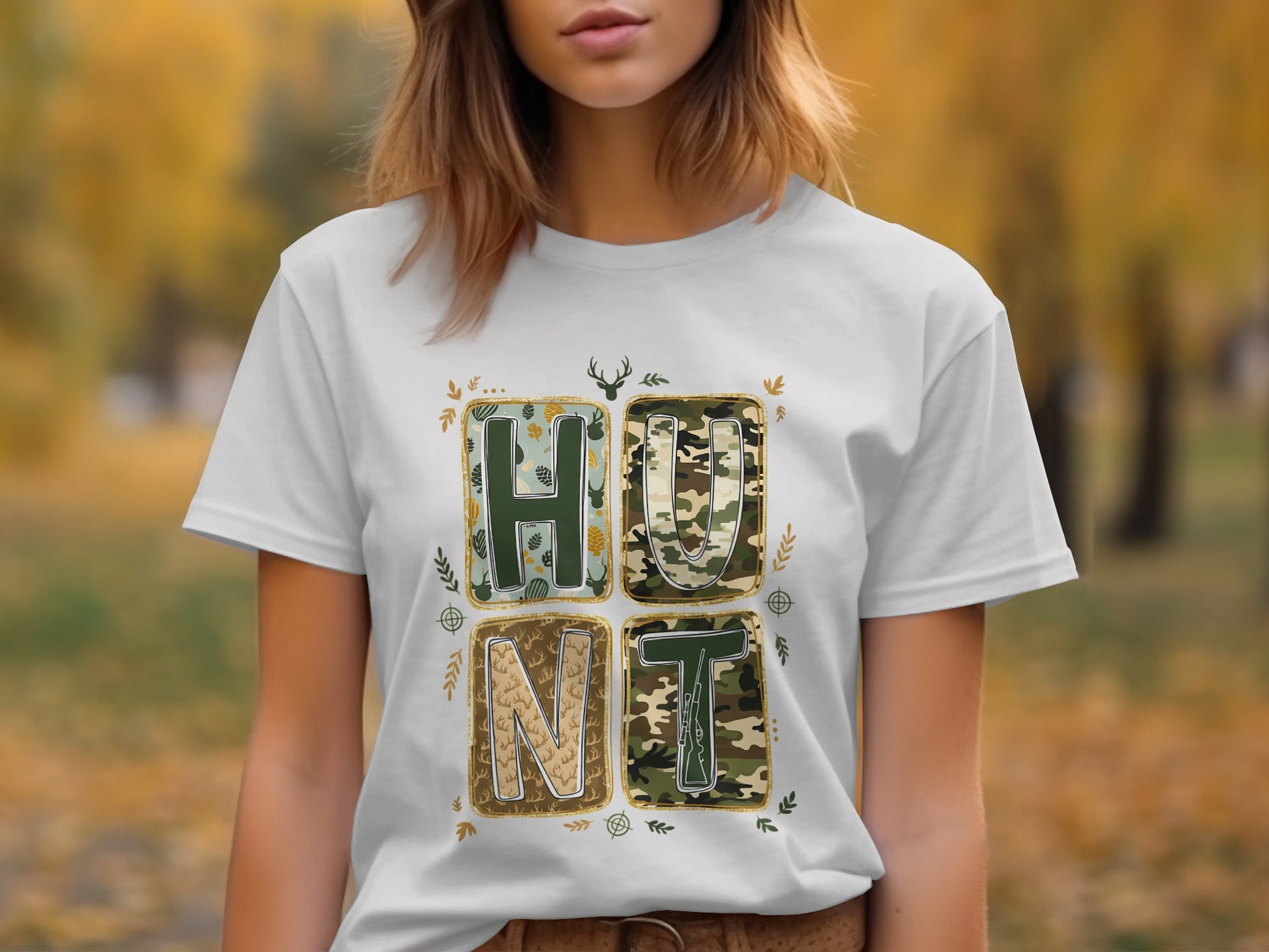 Hunt Pattern Camouflage Themed Graphic T-Shirt