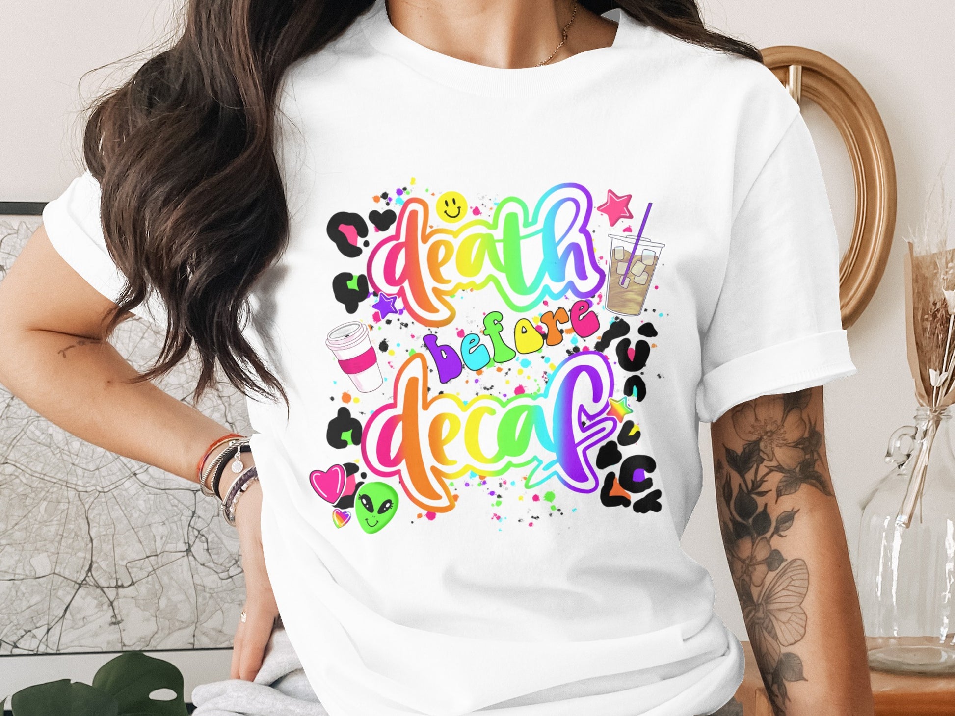 Death Before Decaf Colorful Graphic T-Shirt